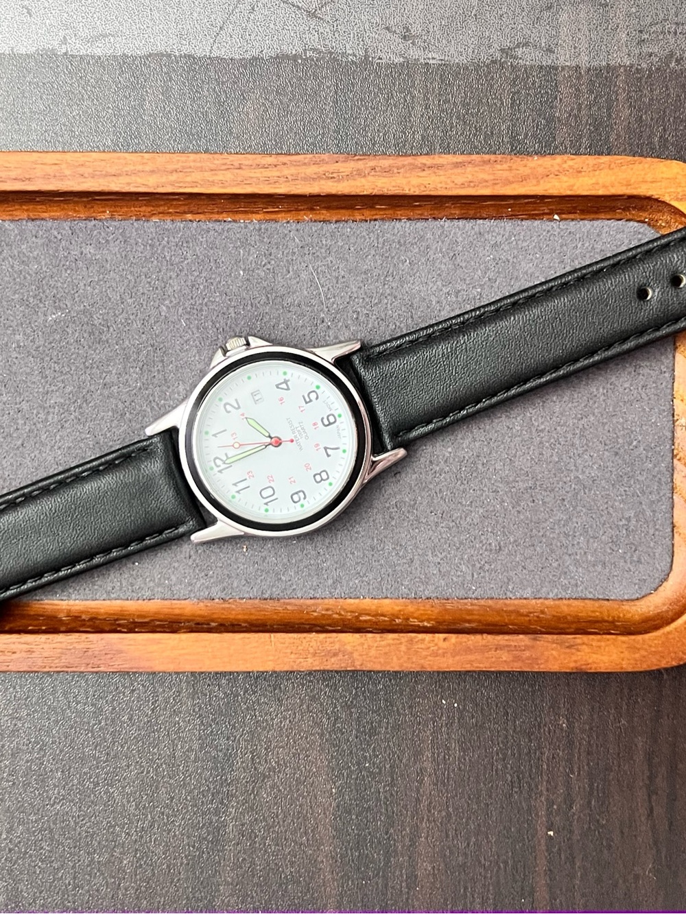 Men's Black Leather Strap Watch with White Dial